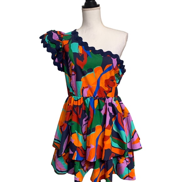 PEACE LOVE CALIFORNIA ADDIE ABSTRACT ONE SHOULDER TIERED MULTICOLOR MINI DRESS - Picture 9 of 16
